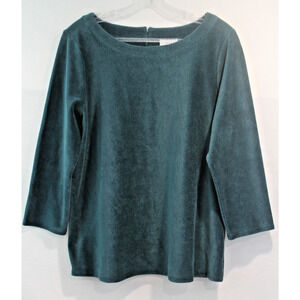 Pure Jill Top Ribbed Velour Button Back Womens size M Emerald Green 3/4 Sleeve
